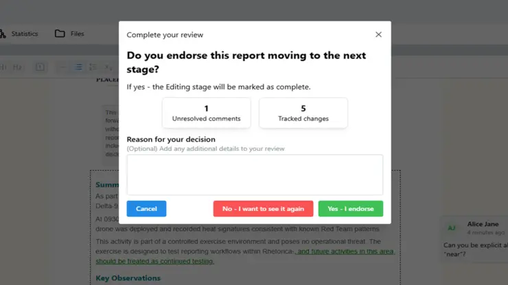 Screenshot of Rhetortica Docs showing an approval summary modal