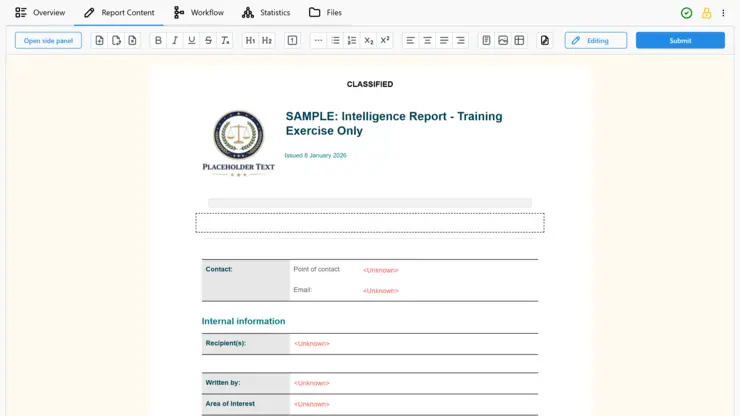 Screenshot of Rhetorica Docs with a blank report