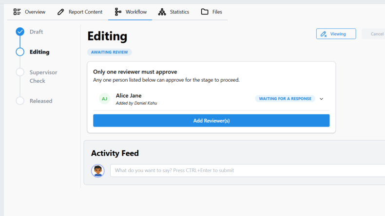 Screenshot showing the report is now in the editing step
