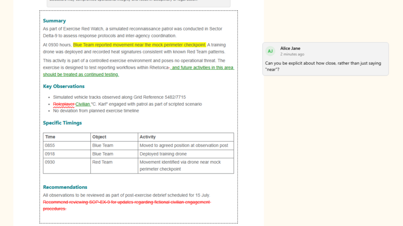 Screenshot of a report with tracked changes and comments on it