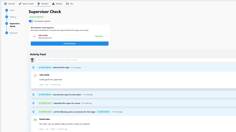 Screenshot of the workflow page for a report that has been finished