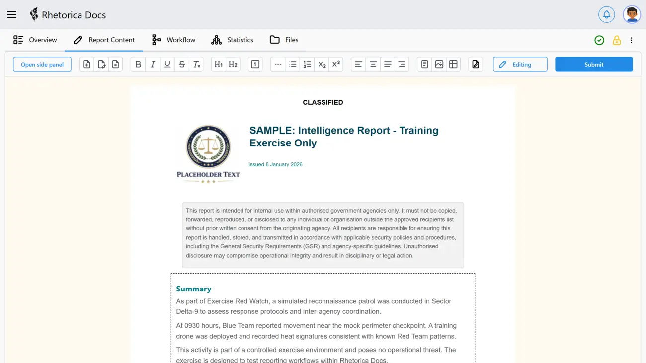 Rhetorica Docs report authoring interface